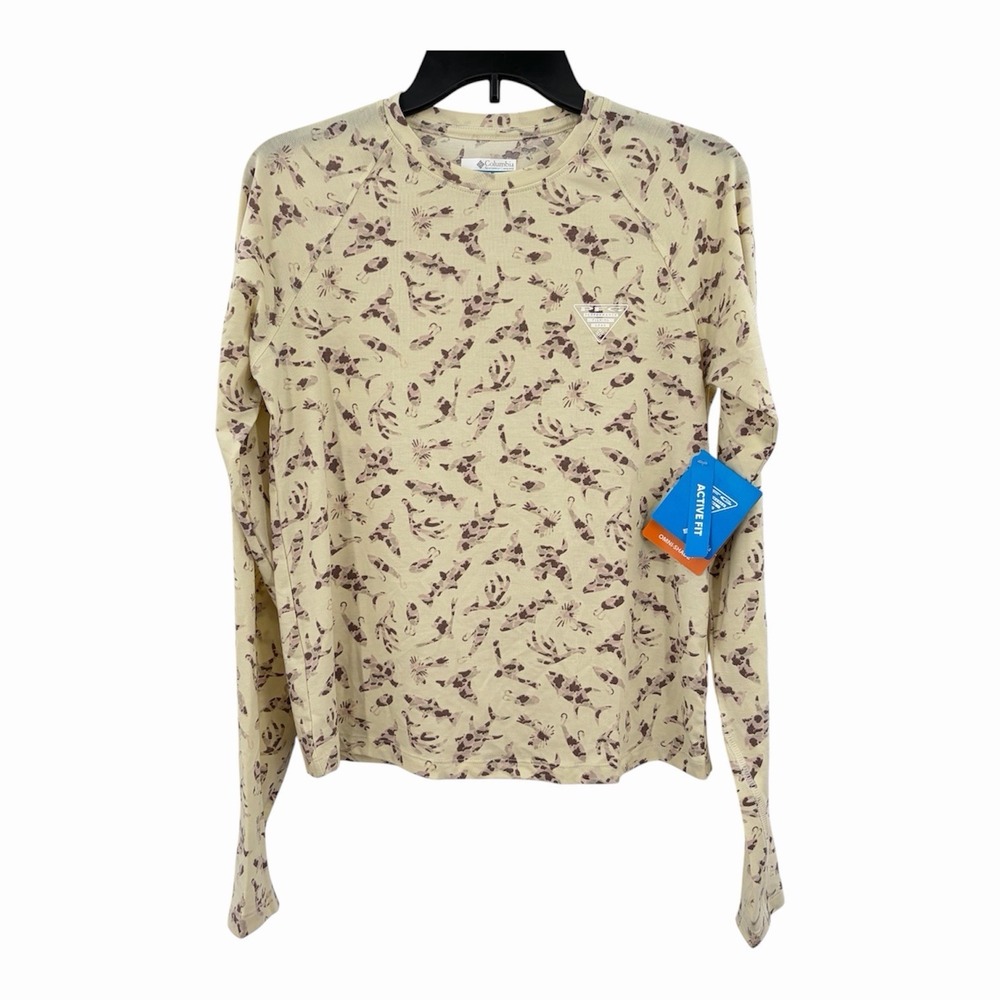NWT Columbia PFG Uncharted Shirt Women's S Knit Omni-Shade L/S Fishing Shark AOP